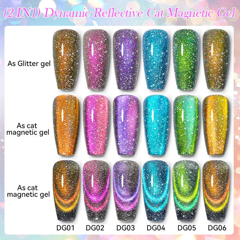 Diamond In The Debris Cat Eye Series UV nail polish gel bottles in six colours with glitter and fragments.