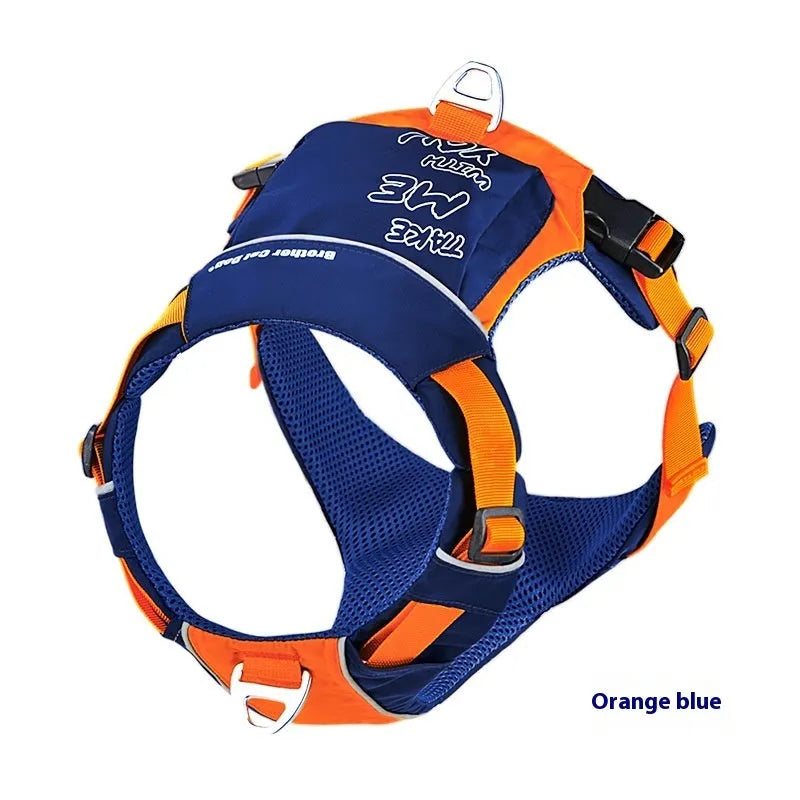Dog chest strap harness with hand rope in vest style design available in orange blue or yellow brown colours
