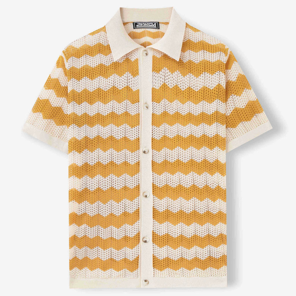 Men's short-sleeve t-shirt with corrugated jacquard texture and flocking detail in yellow, blue, or brown.