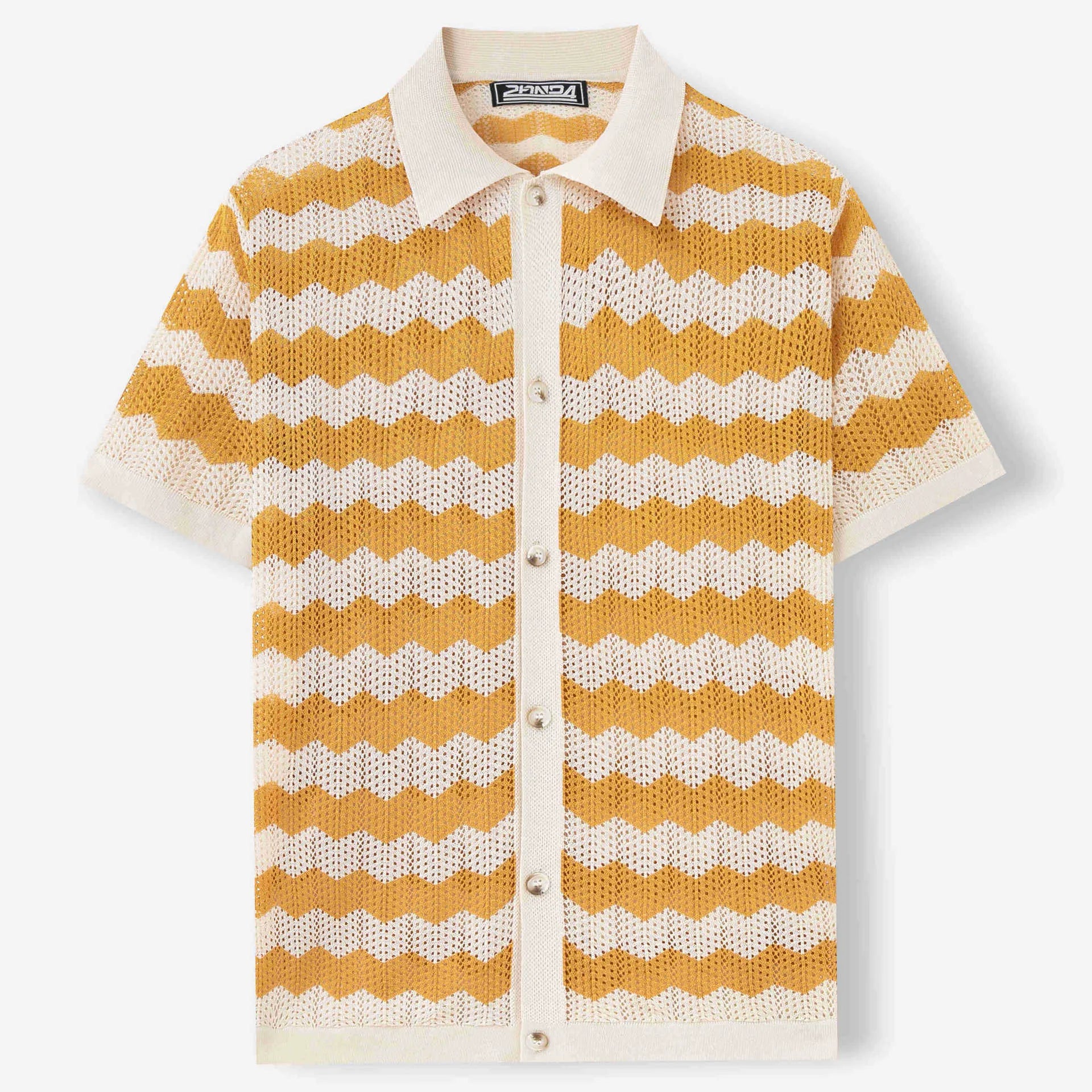 Men's short-sleeve t-shirt with corrugated jacquard texture and flocking detail in yellow, blue, or brown.