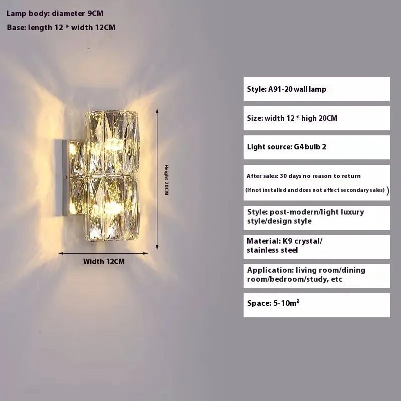 Crystal LED wall lamp with stainless steel frame in chrome finish showing tri-colour lighting