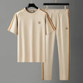 Men's blue short sleeve suit set with ironing-free polyester fabric for sports and casual wear