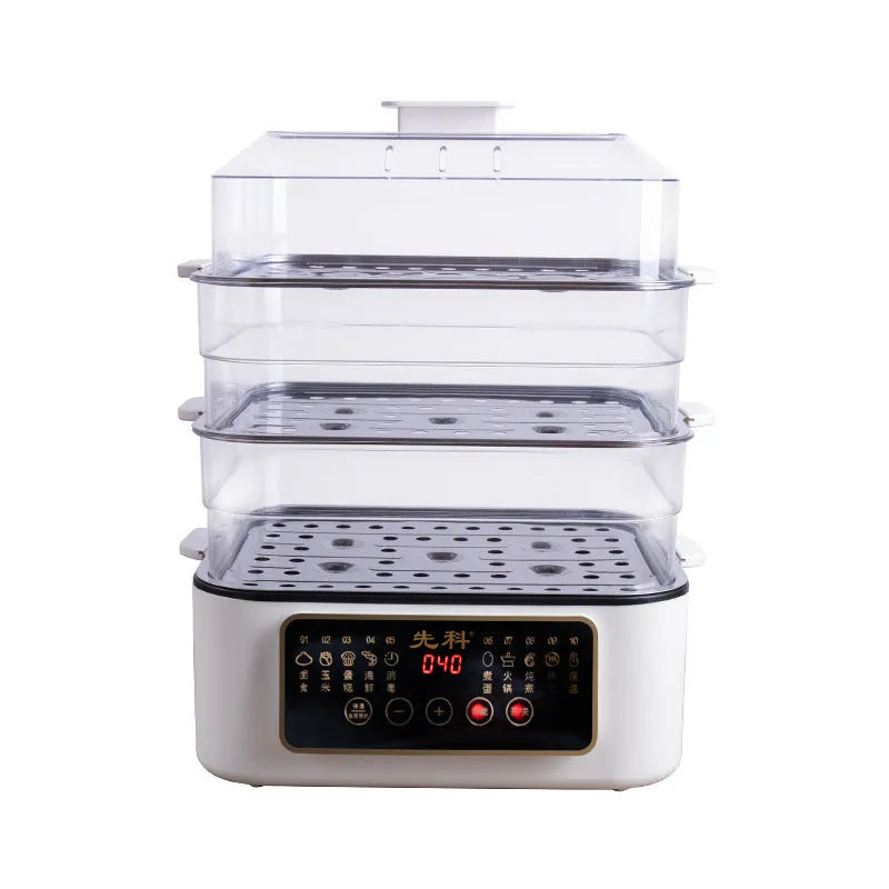 28-litre capacity automatic electric steamer with stainless steel rack on a kitchen counter.
