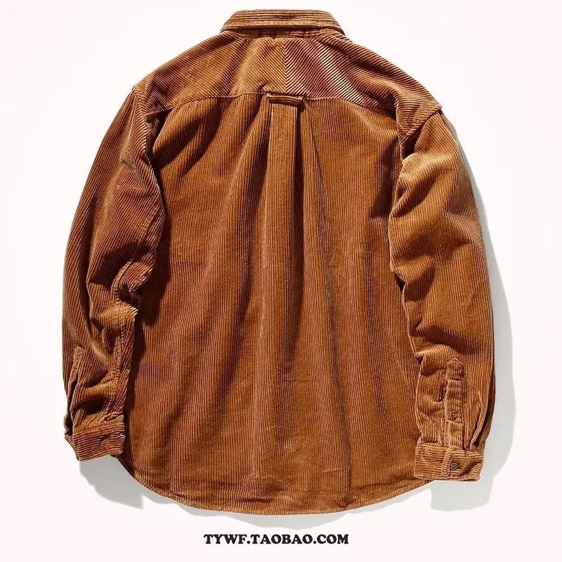 Caramel coloured corduroy long sleeve cardigan shirt with Hong Kong Japanese style loose fit design