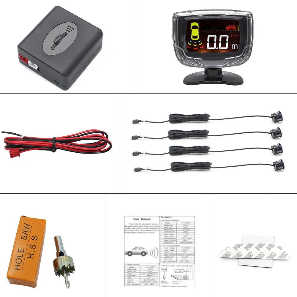 Wireless vehicle reversing sensor kit with digital display, four probes, and installation tools