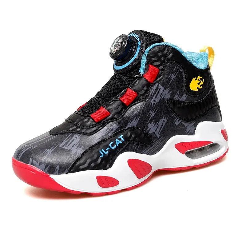 Children's basketball shoes with rotating button fastening in multiple colours, showing synthetic leather upper and PU sole