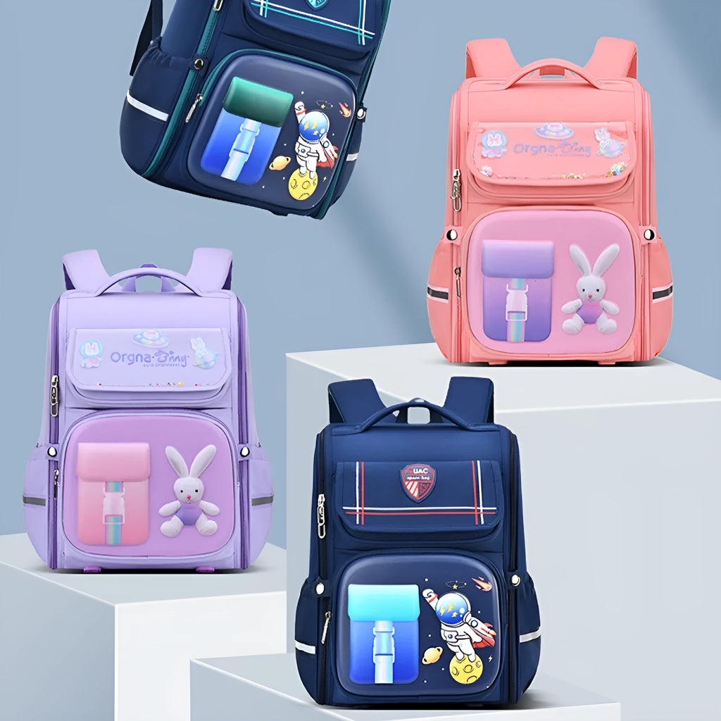 Children's large capacity cartoon backpack with airpillow straps in spaceman blue red colour
