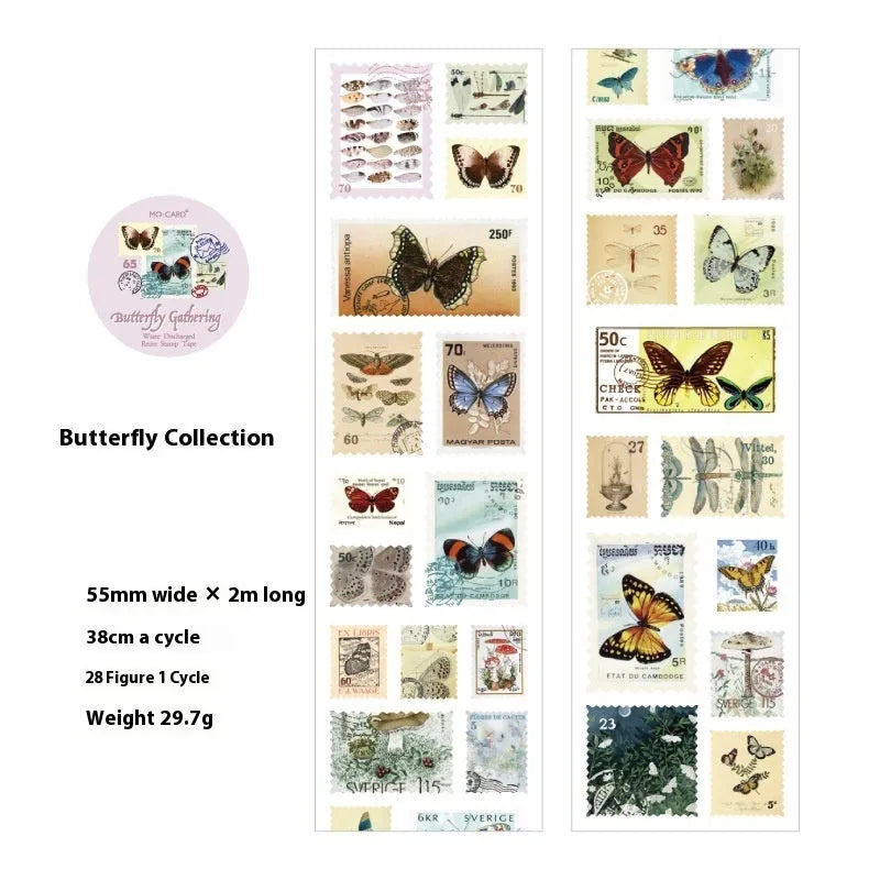 Roll of coated paper stamp stickers for journal decoration, showing butterfly design pattern.