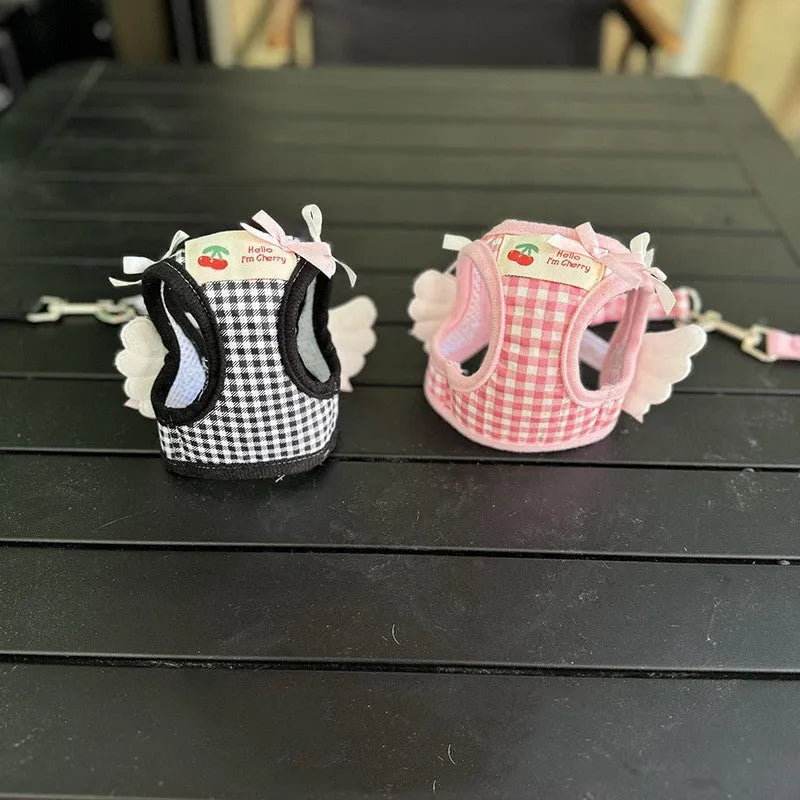 Cotton chest and back dog harness for small breeds in pink or black with adjustable sizing