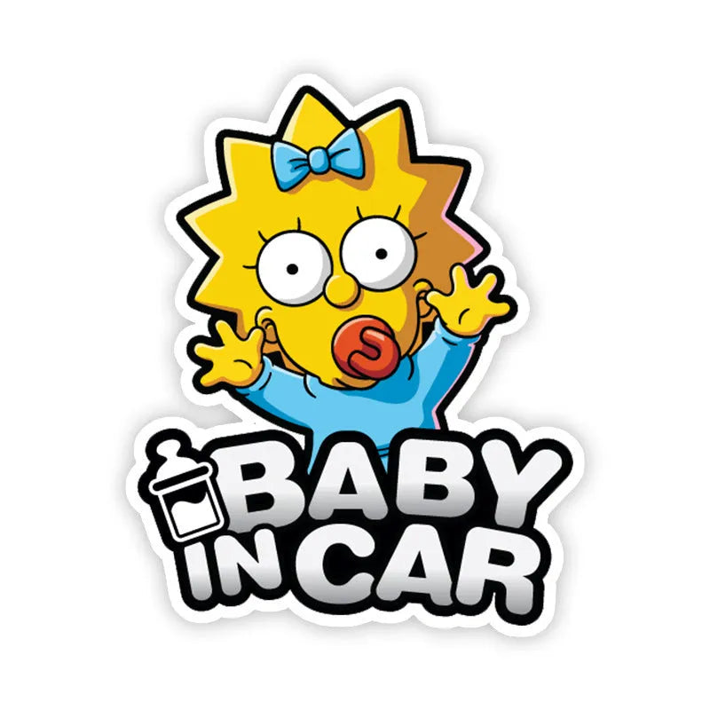 Baby On Board reflective car sticker showing baby character designs with feeding bottle, measuring specific centimetre dimensions