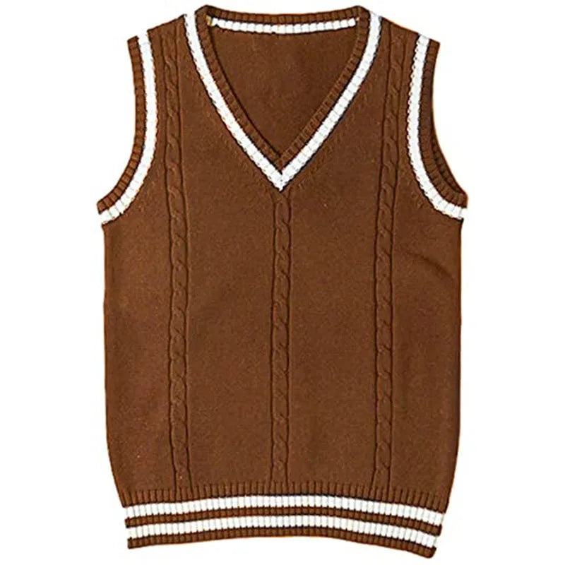 Women's slim fit V-neck knitted waistcoat with striped stitching in acrylic.
