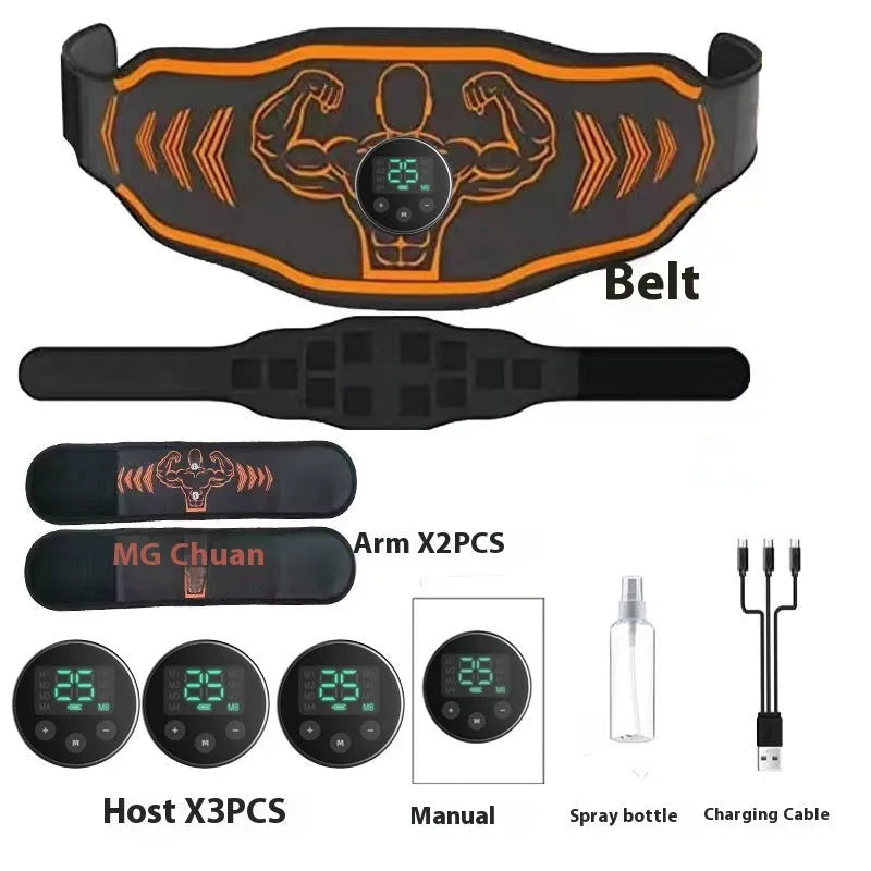 Smart EMS massage belt fitness equipment with rechargeable battery and timer in blue and orange colour options
