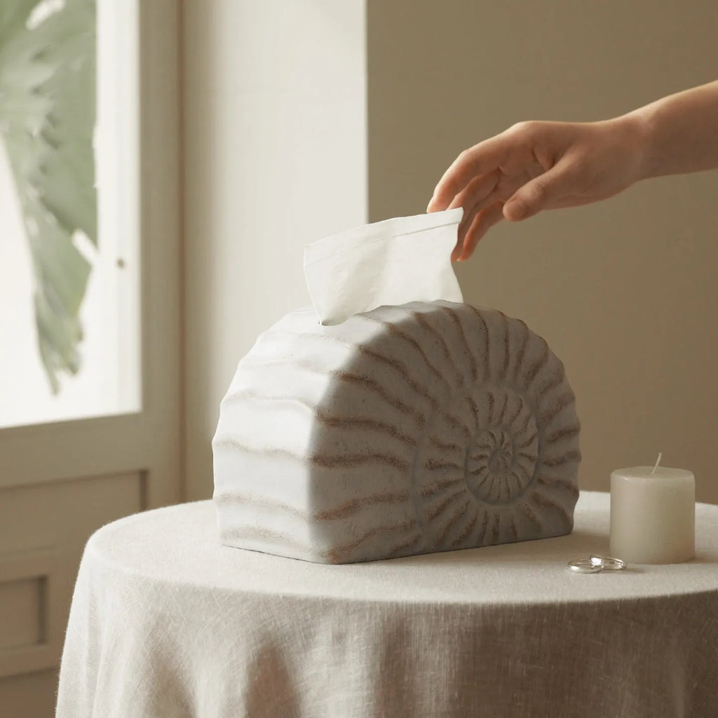 Modern simple resin tissue box cover with decorative conch ramble pattern.