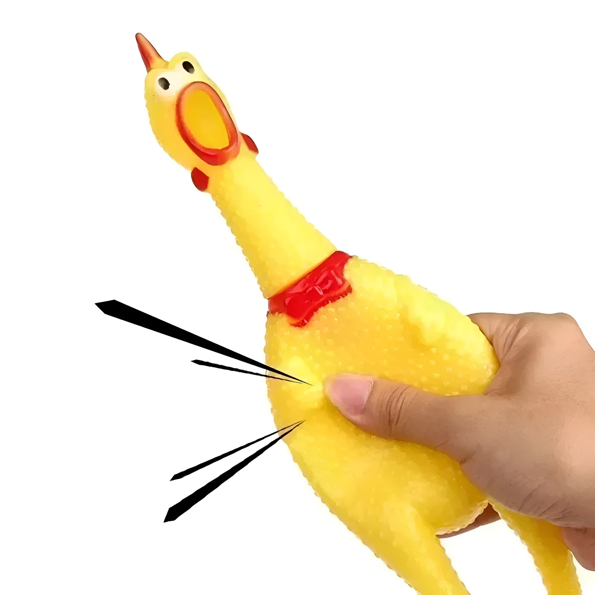 Yellow rubber screaming chicken dog toy with squeaker in three size options