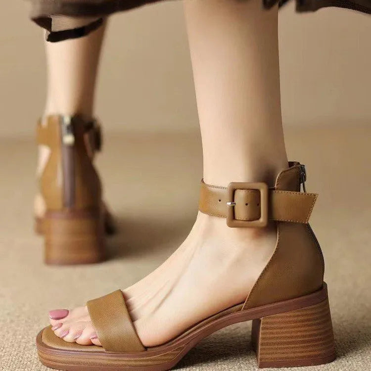 Women's retro ankle-strap platform high heels in white or khaki with round toe design