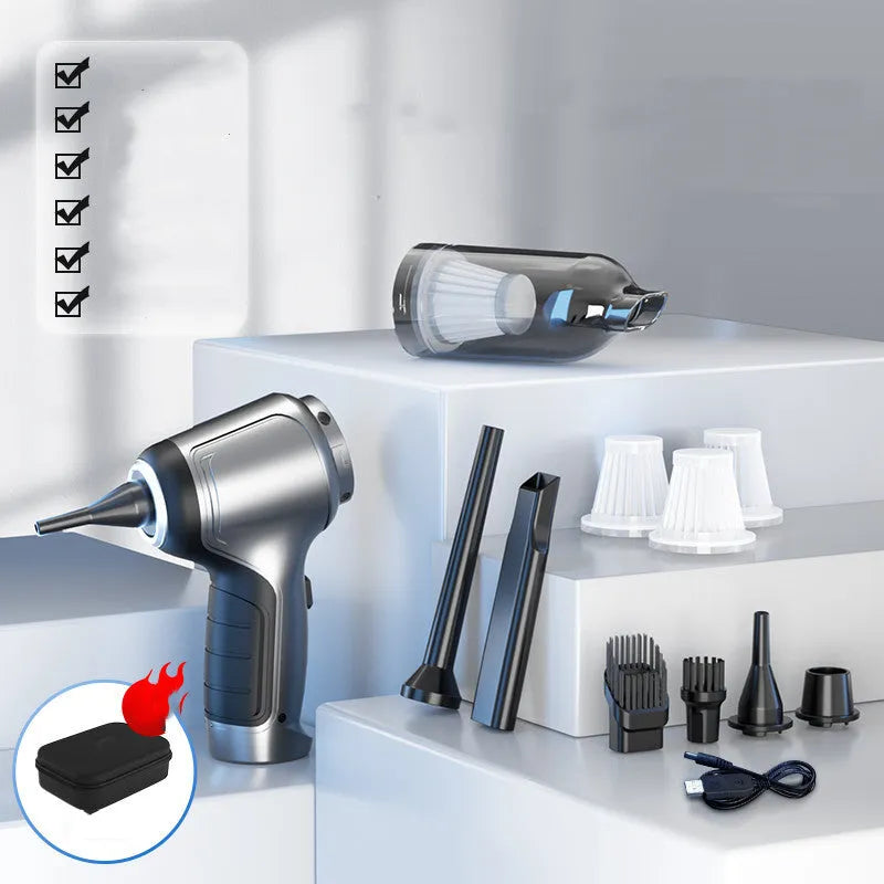 A handheld cordless vacuum cleaner with a car mount, shown on a car seat.