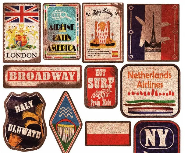 36 piece retro beach sticker collection showing surfing and travel designs with matte finish