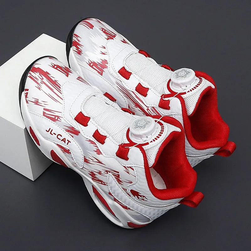 Children's basketball shoes with rotating button fastening in multiple colours, showing synthetic leather upper and PU sole
