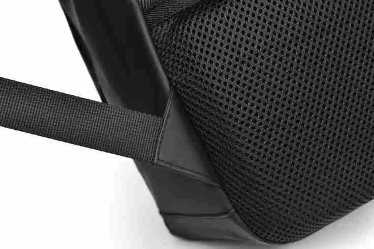 Waterproof PU leather backpack with sewing thread details in black, blue, and grey colour options