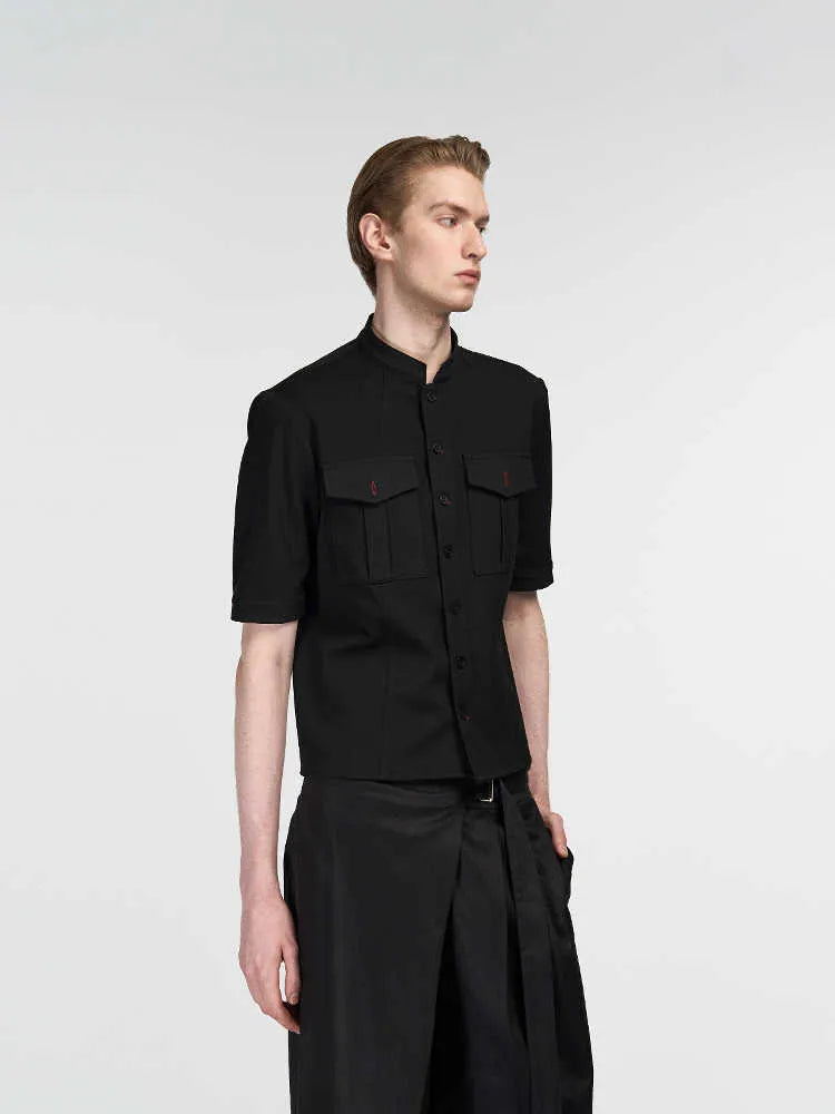 Black handmade red eye hunting shirt with half sleeves, shirt collar, and single-breasted placket.