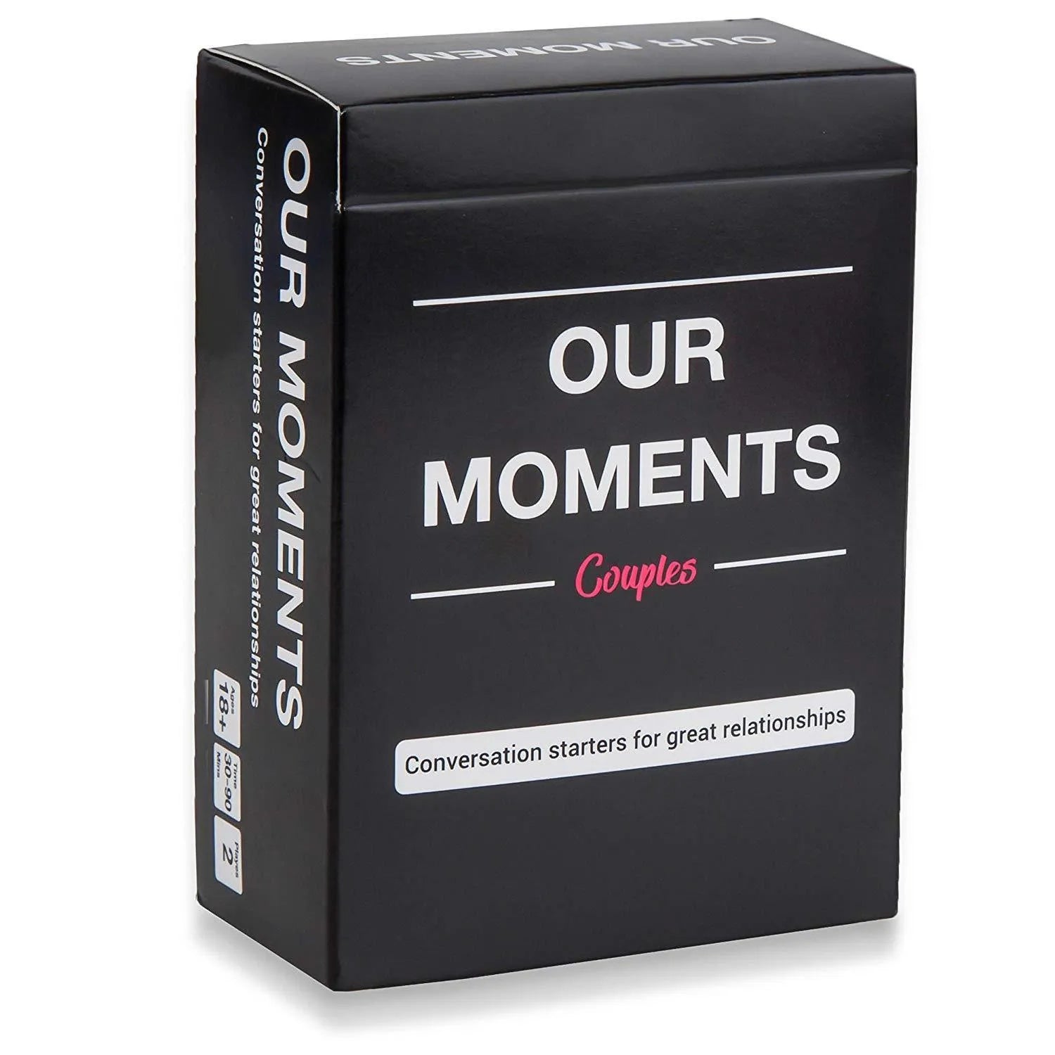 Black coated paper box of Our Time Lovers Edition communication cards for couples, showing dimensions.