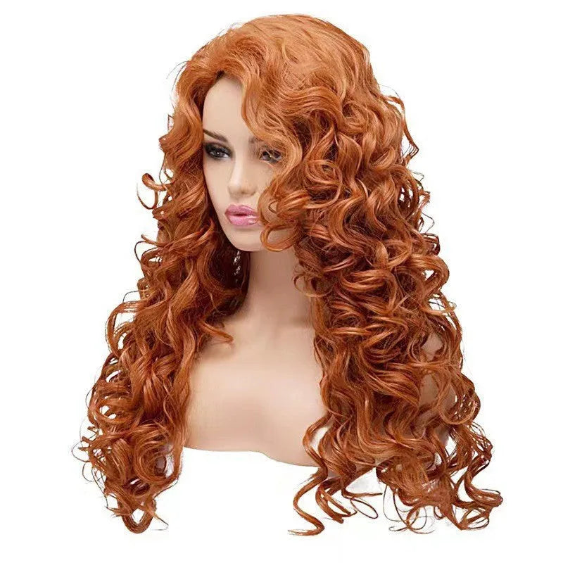 Brown long wavy curly synthetic cosplay wig on a model, showing exotic style.