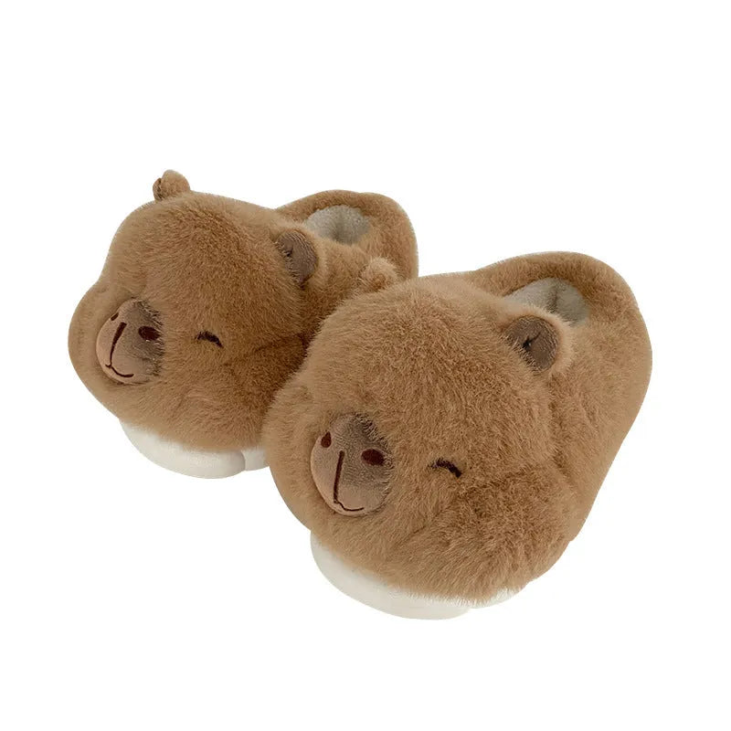 Light brown women's plush winter slippers with cartoon pattern, artificial wool lining and PVC soles