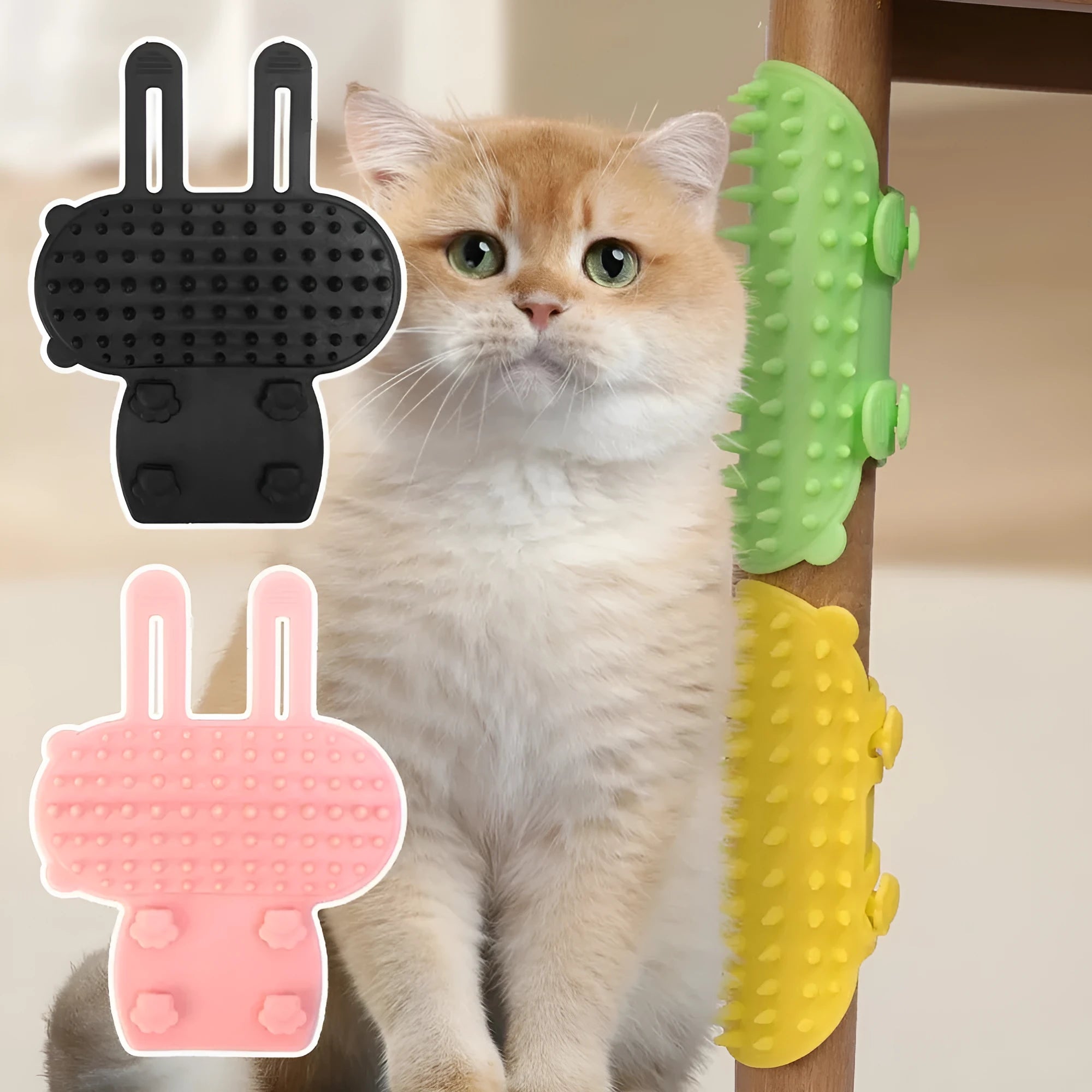 Silicone cat scratching massage comb with adjustable strap in one of four colours: black, green, pink, or yellow
