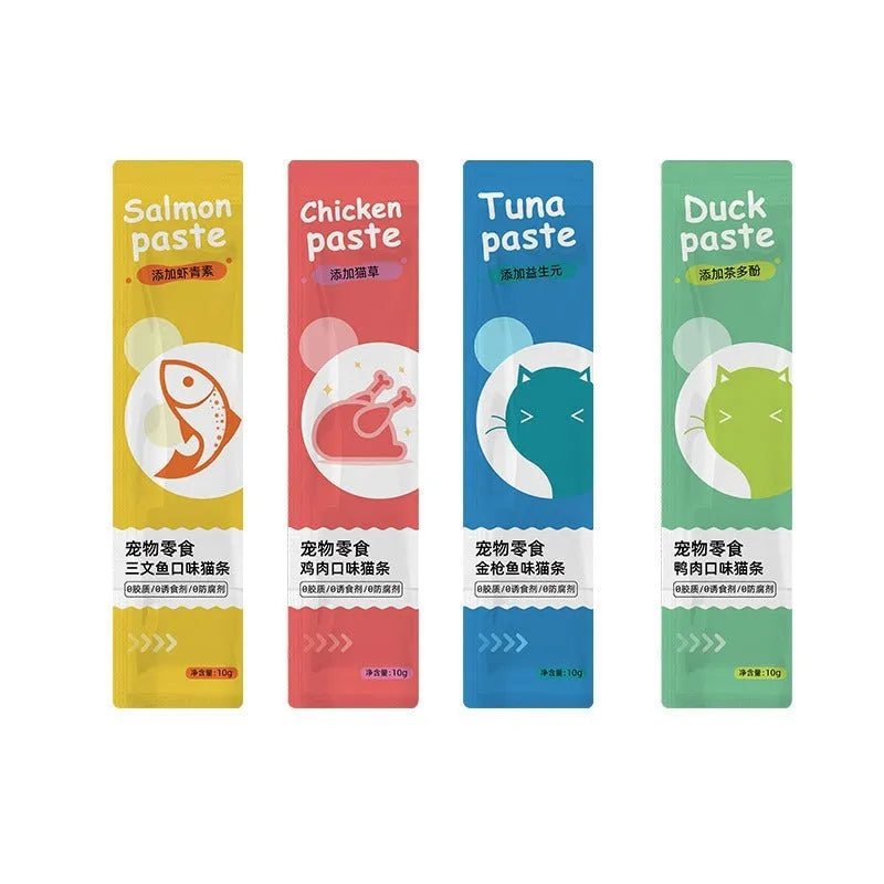 10-piece pack of cat strip snacks for kittens with four functional flavour options
