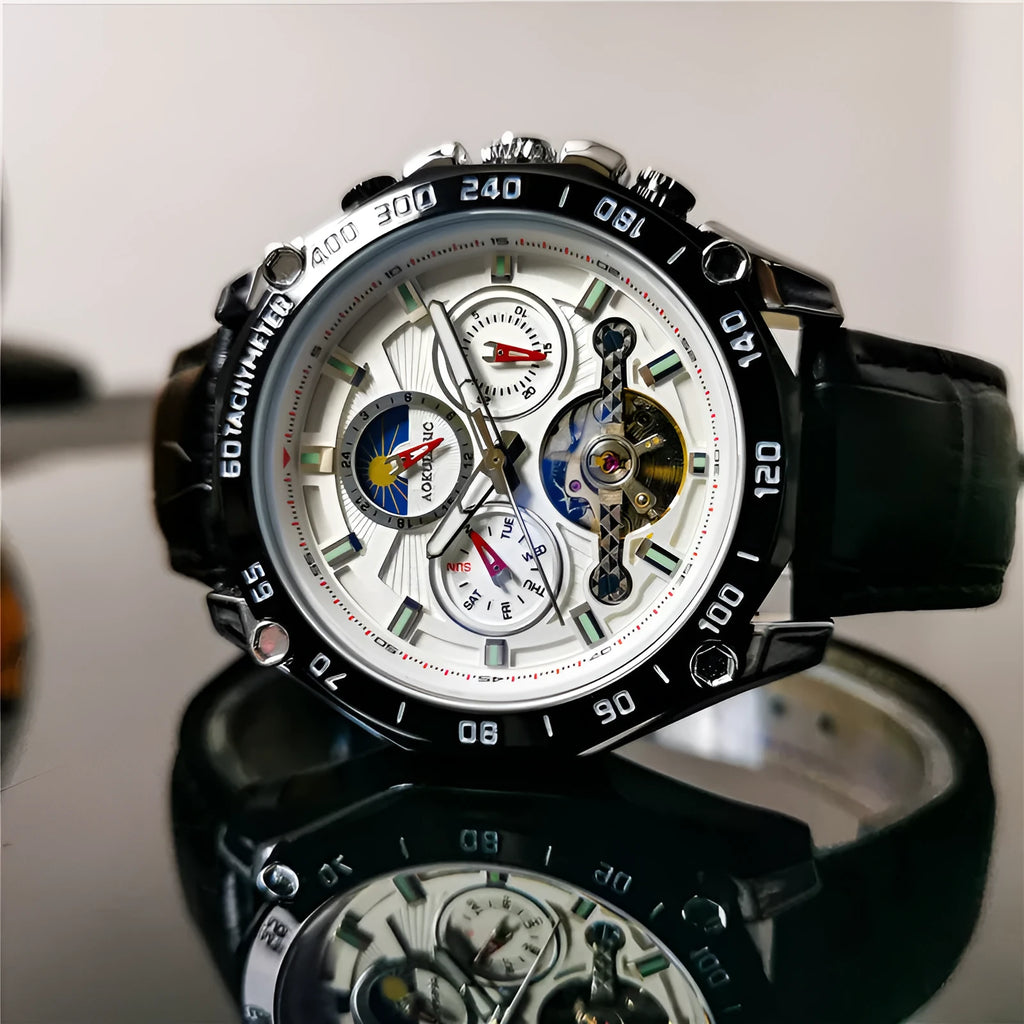 Men's automatic mechanical watch showing 12mm thickness and various colour options including silver case and black dial