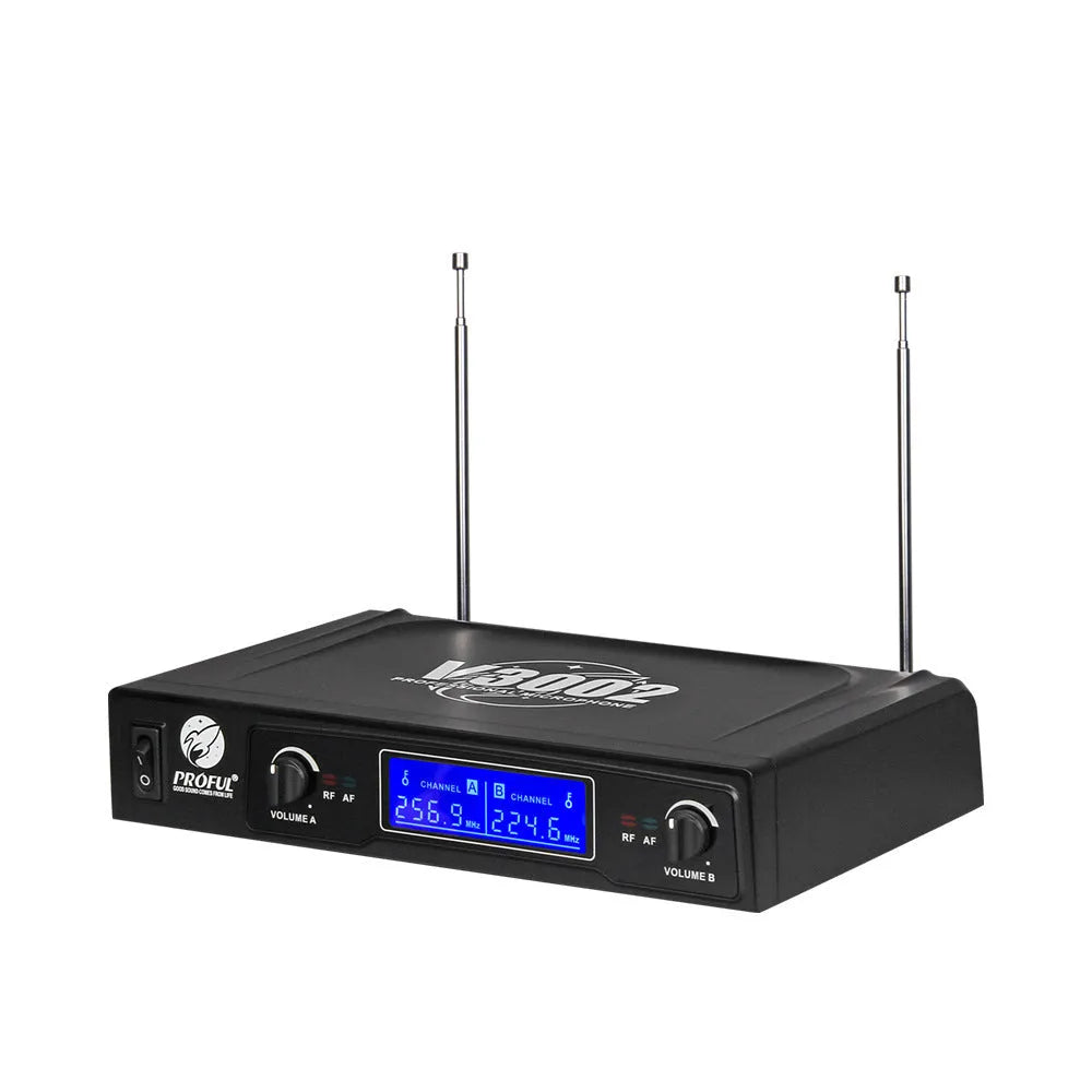 V-3002 black dual wireless microphone system with two handheld mics and transmitter unit
