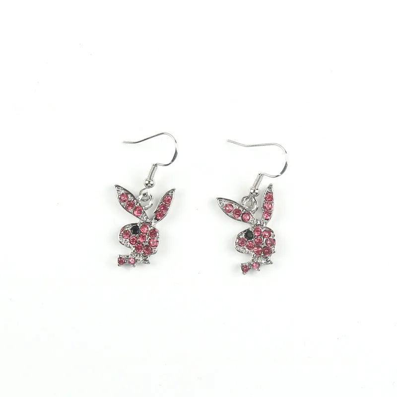 Rabbit stud earrings with diamond detailing in gold, pink or silver cartoon animal design