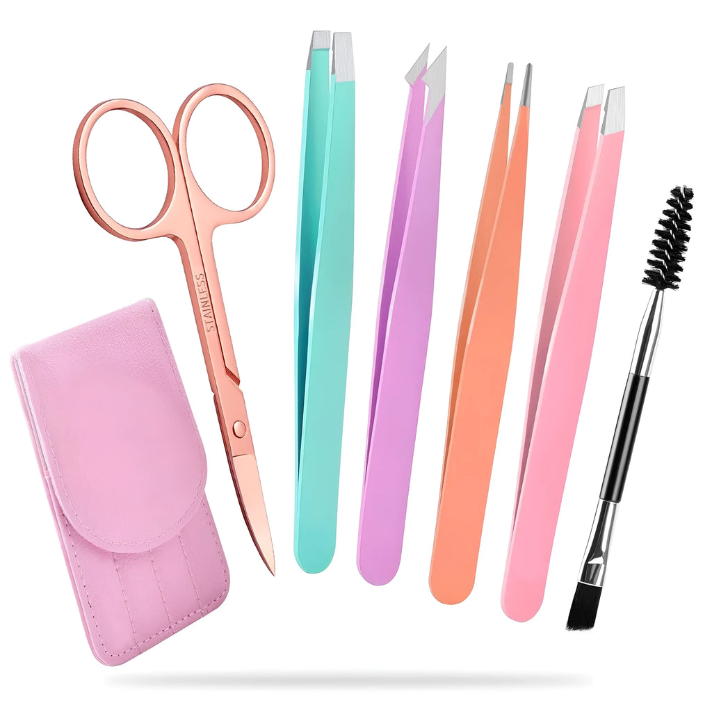 Professional stainless steel eyebrow tweezers set with curved scissors, brush, and leather case.