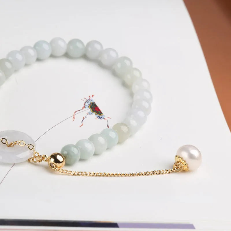Natural emerald jade peace buckle pearl bracelet with geometric shapes and national style design