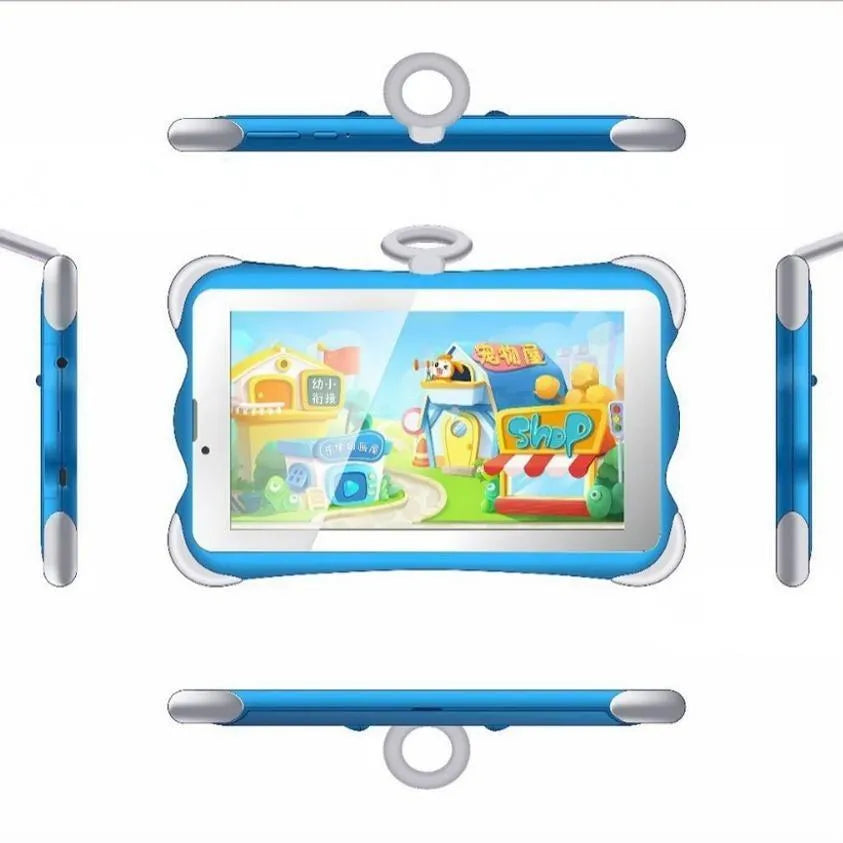 A 7-inch children's learning tablet in a cartoon colour, shown with its stand, on a table.