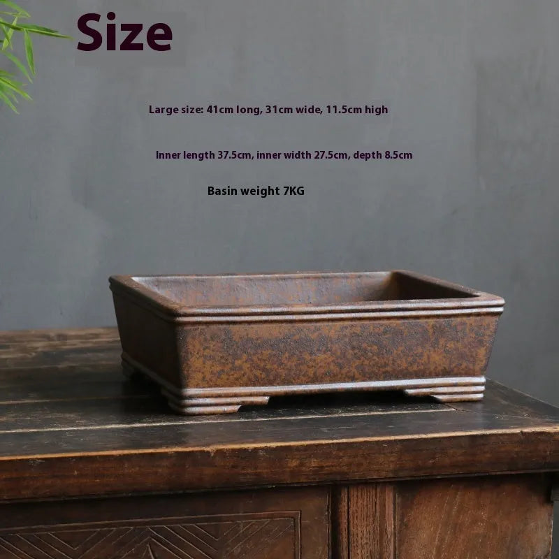 Purple sand rectangular bonsai pot with five-line basin design for pine or cypress trees.