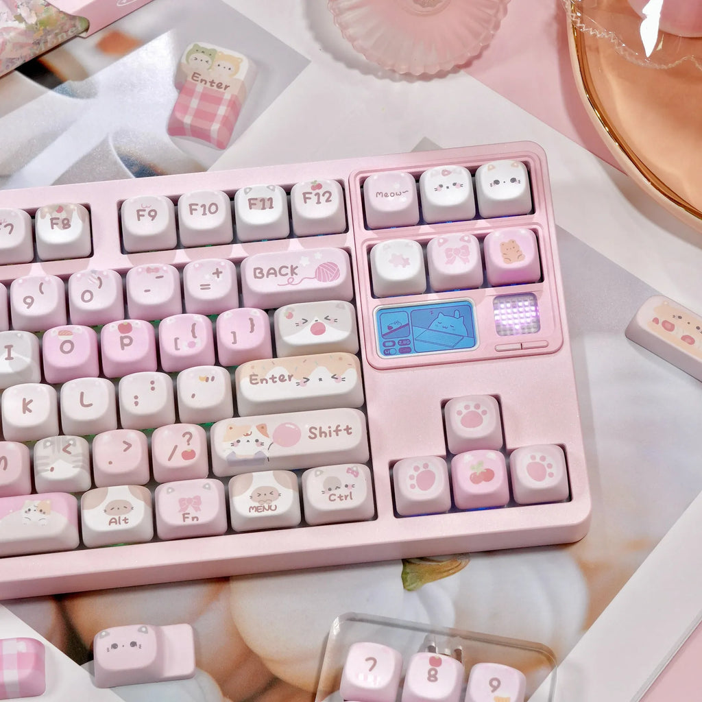 MOA height pink cartoon sublimation key caps for mechanical keyboards showing five-sided artwork coverage.