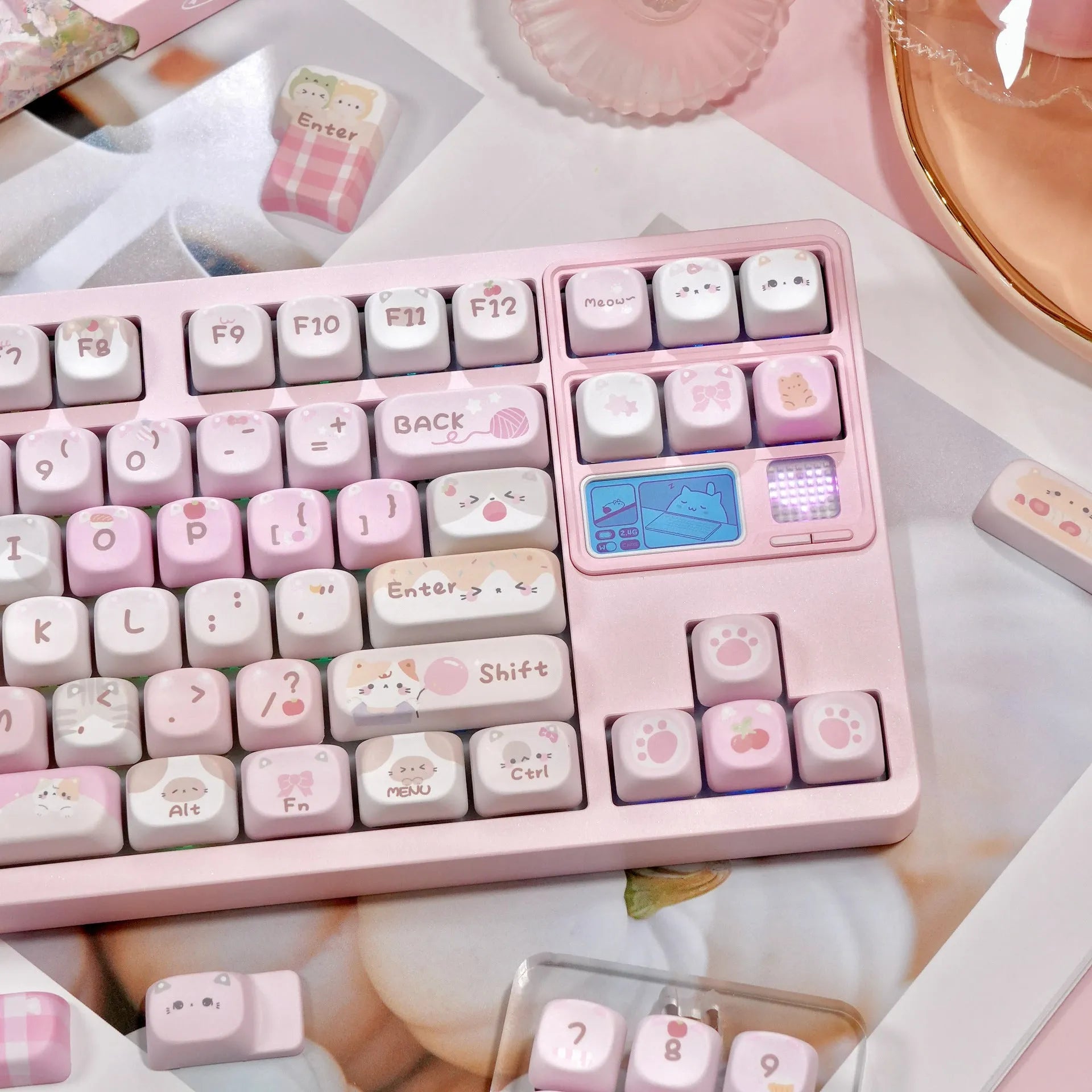 MOA height pink cartoon sublimation key caps for mechanical keyboards showing five-sided artwork coverage.