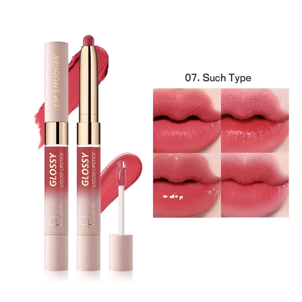 Double-headed lipstick and lip gloss in matte finish showing 10 colour options numbered 01 to 10