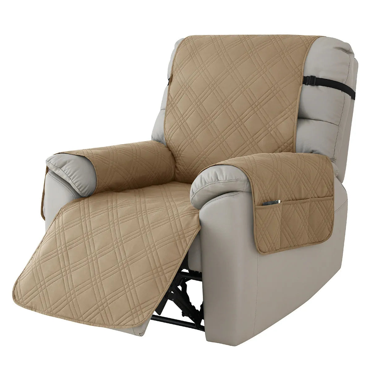 Quilted waterproof sofa cover in burgundy on a Chivas massage chair, showing three-line stitching and fitted design.