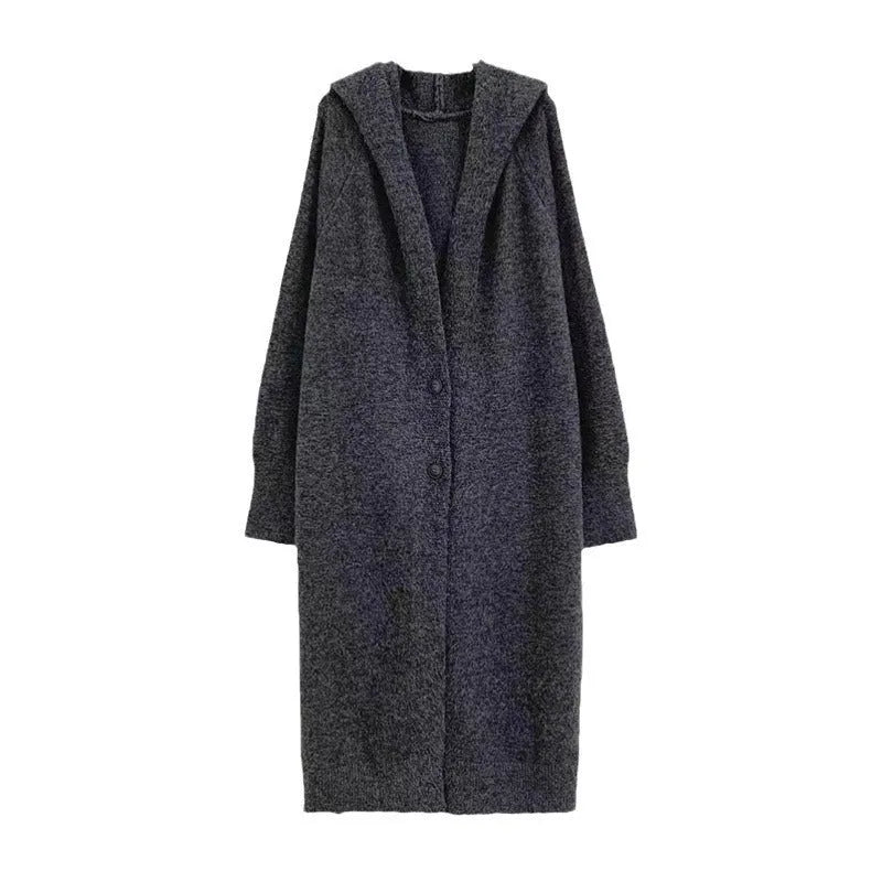Korean style women's hooded knitted cardigan in wool blend fabric with below-knee length