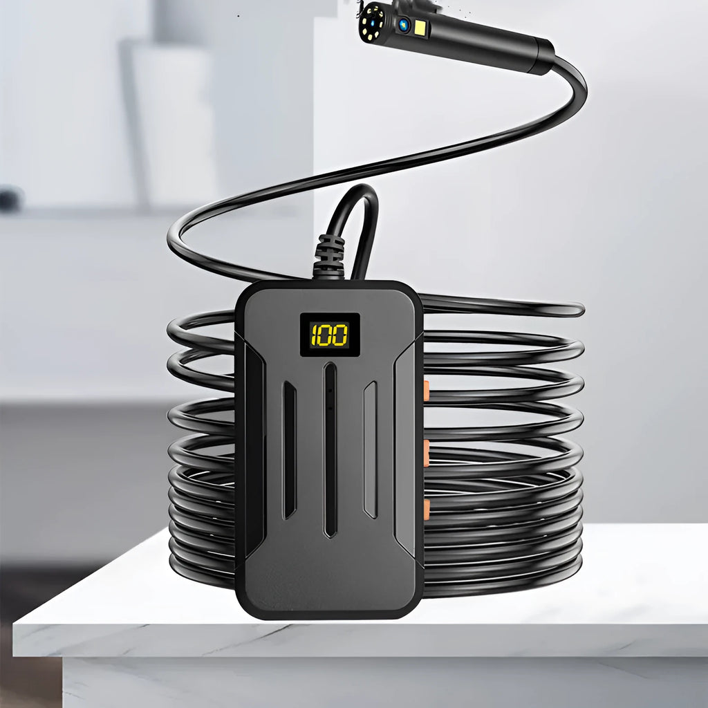 F300 wireless dual lens endoscope with 5.5mm and 8mm probes, magnet, hook, and smartphone display