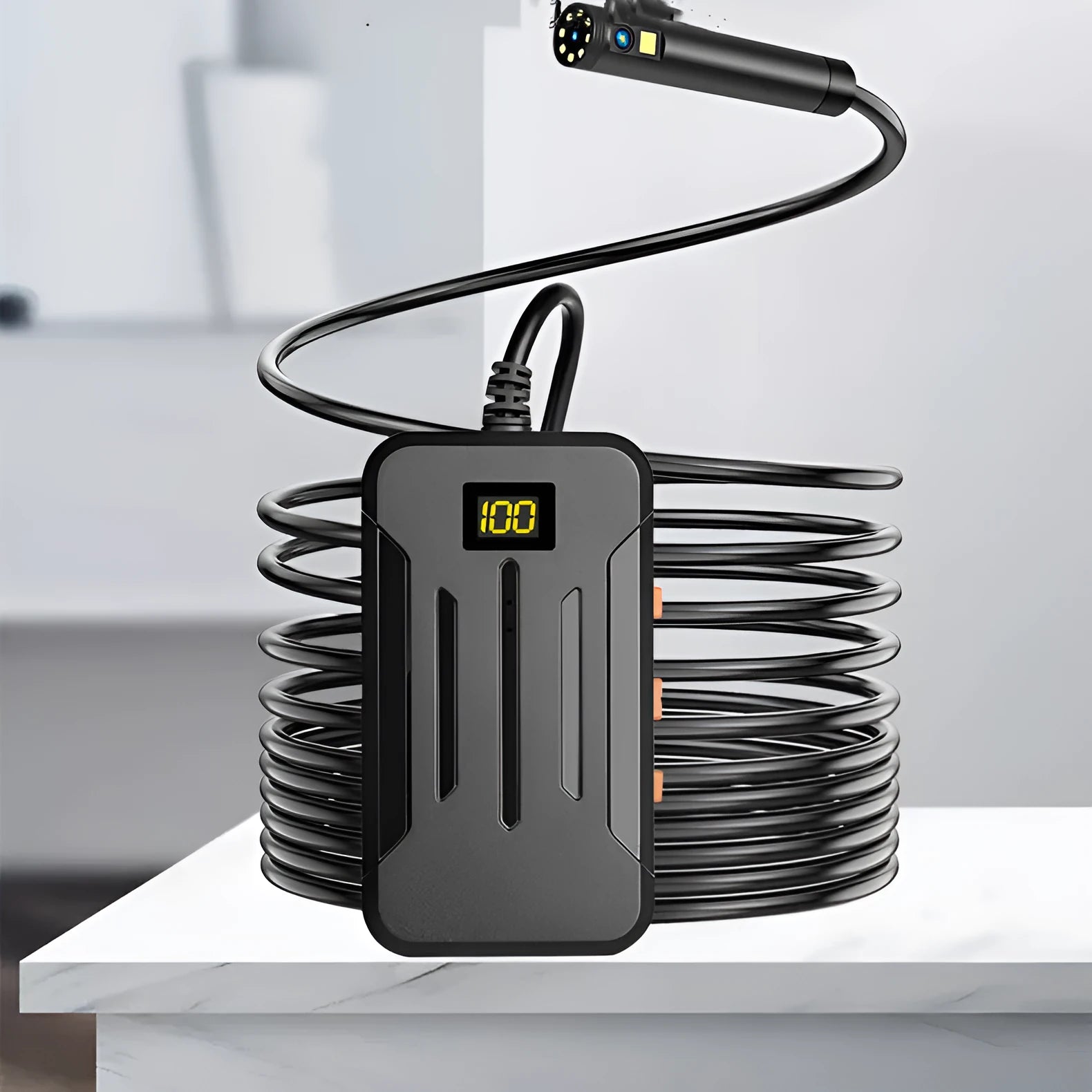 F300 wireless dual lens endoscope with 5.5mm and 8mm probes, magnet, hook, and smartphone display