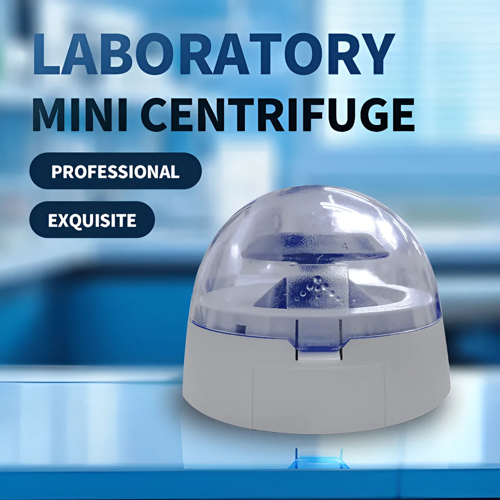 Small white mini centrifuge laboratory body with 7000 RPM specification and compact dimensions on a lab bench