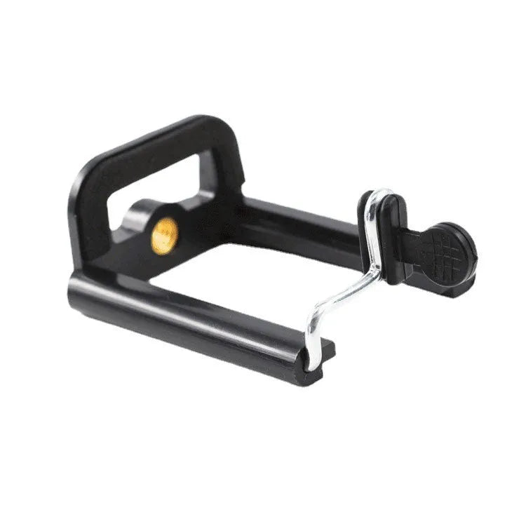Black plastic U clip phone holder with adjustable hose bracket for mounting a mobile phone.