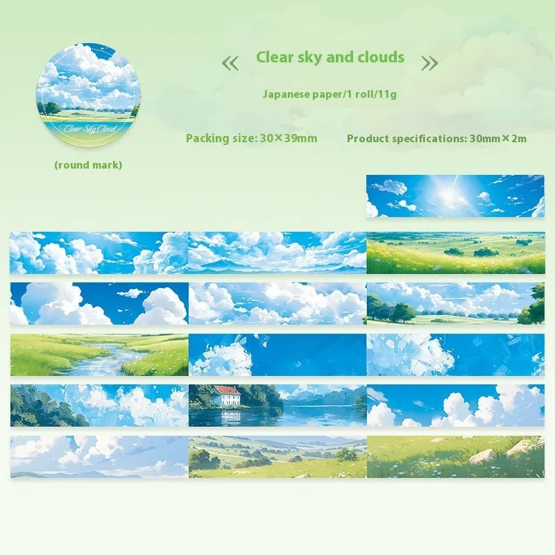Roll of 30mm Japanese paper tape featuring sky themes like moonlight and clouds for journal decoration