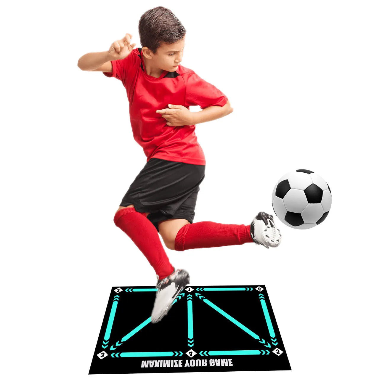 Indoor football skill lifting practice mat in cushion colour, made of rubber.