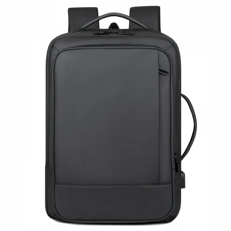 Black or grey waterproof Oxford cloth backpack with curved shoulder straps showing business and outdoor use