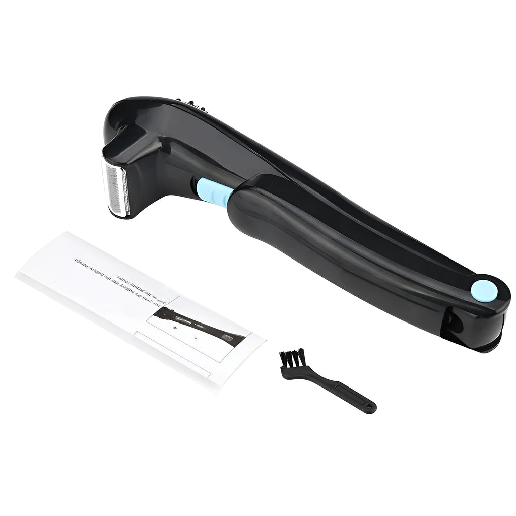 Black folding body electric shaver for personal grooming, shown in open and closed positions.