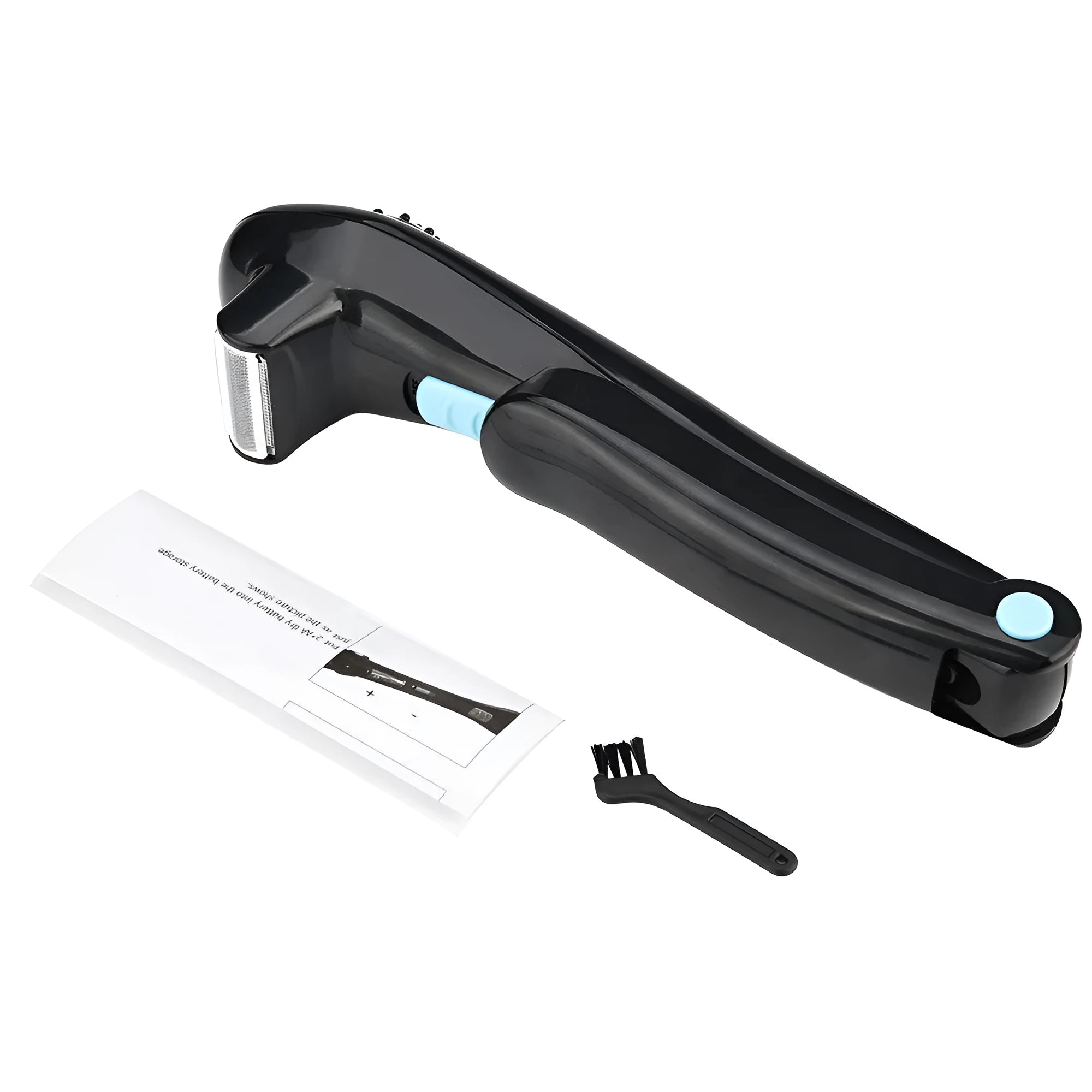 Black folding body electric shaver for personal grooming, shown in open and closed positions.